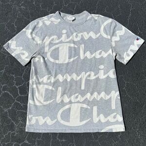 Vintage Champion Script All Over Print Y2K T Shirt Size Large